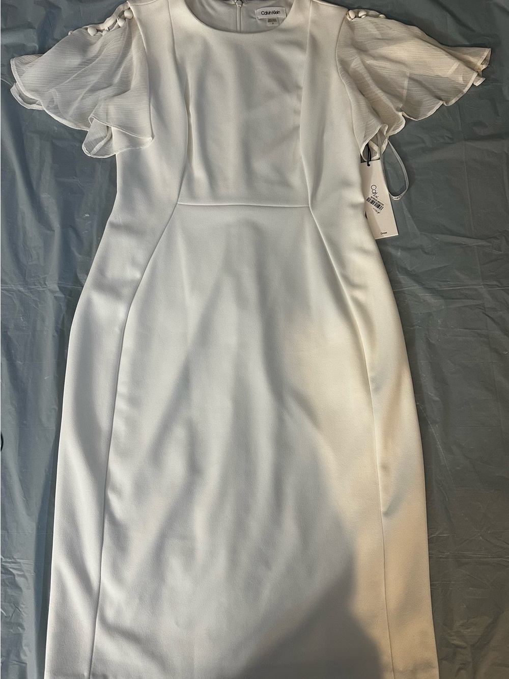 Calvin Klein White Midi Sheath Dress with Ruffle Sleeves